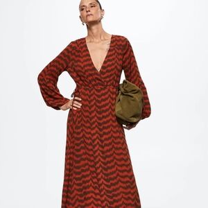 Mango Flowy Viscose Dress Floral Print Midi Red Orange Gray, Size 14